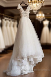 Cap Sleeve Appliques Lace Tulle Wedding Dress, Formal Bridal Gowns Semi Formal Prom Dress